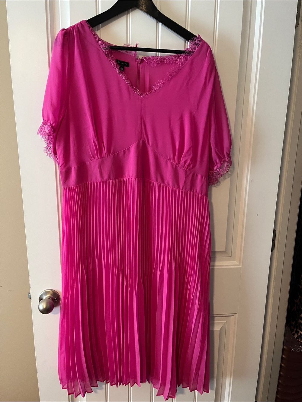Talbots Bright Pink Pleated Midi Dress with Lace Trim